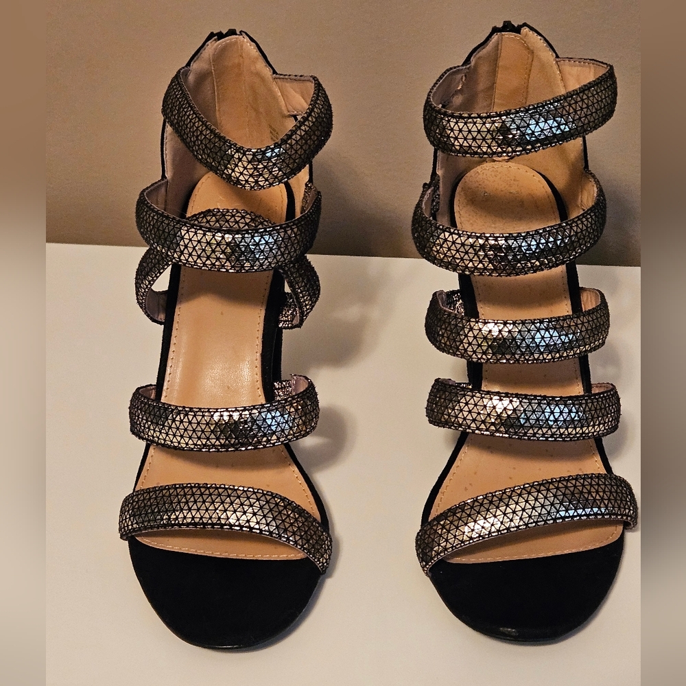 Black and Silver Strappy Sandals with Sparkling Detail